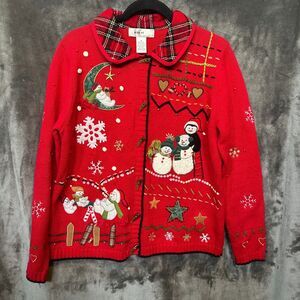 Vintage Kikit Christmas Sweater/Cardigan plaid collar Red Embroidered Medium